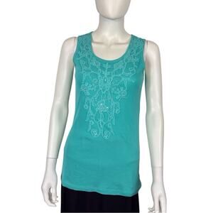 Style & Co Teal Tank Top Lace Design & Faux Rhinestones 100% Cotton Small